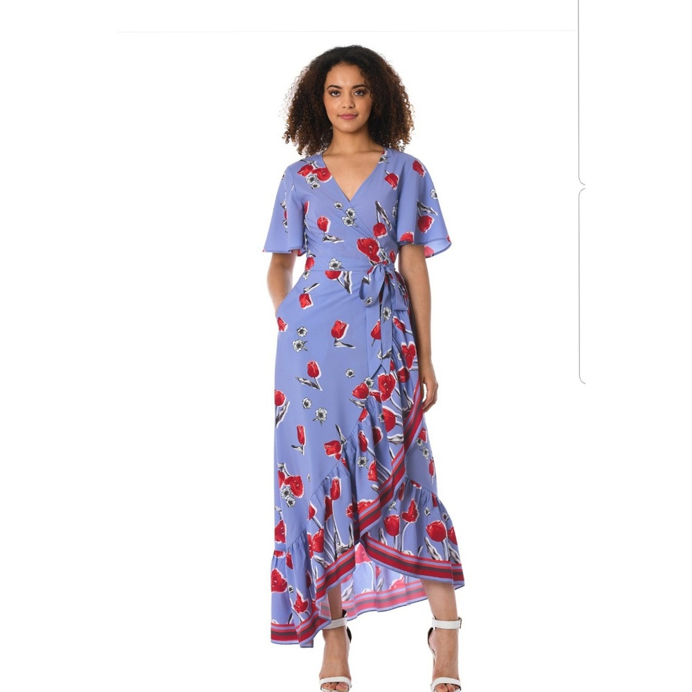Lovely cornflower blue and red floral wrap dress